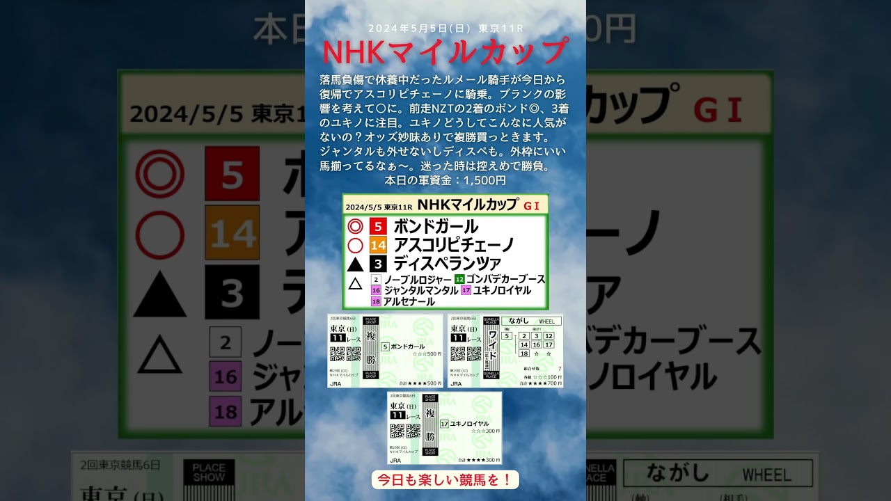 【競馬予想 2024/5/5】#NHKマイルカップ#ボンドガール#アスコリピチェーノ#ディスペランツァ