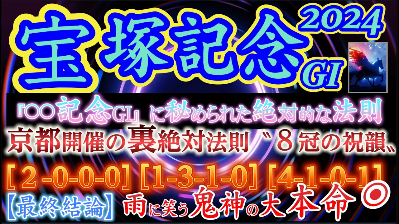 【データ消去法・オカルト情報】宝塚記念 2024 予想 〜宝塚記念の２大オカルト大公開！「記念GIレースの絶対法則」と「京都開催の宝塚記念・裏絶対法則」！雨に笑う鬼神２頭がダブル本命！！【最終結論】