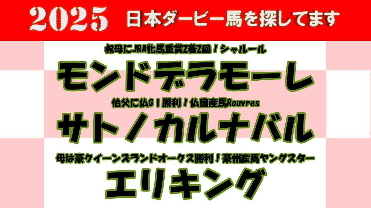 2025年日本ダービー馬を探してます #4　先週の2歳の新馬戦を勝ち上がったモンドデラモーレ、サトノカルナバル、エリキングを注目馬として取り上げました。