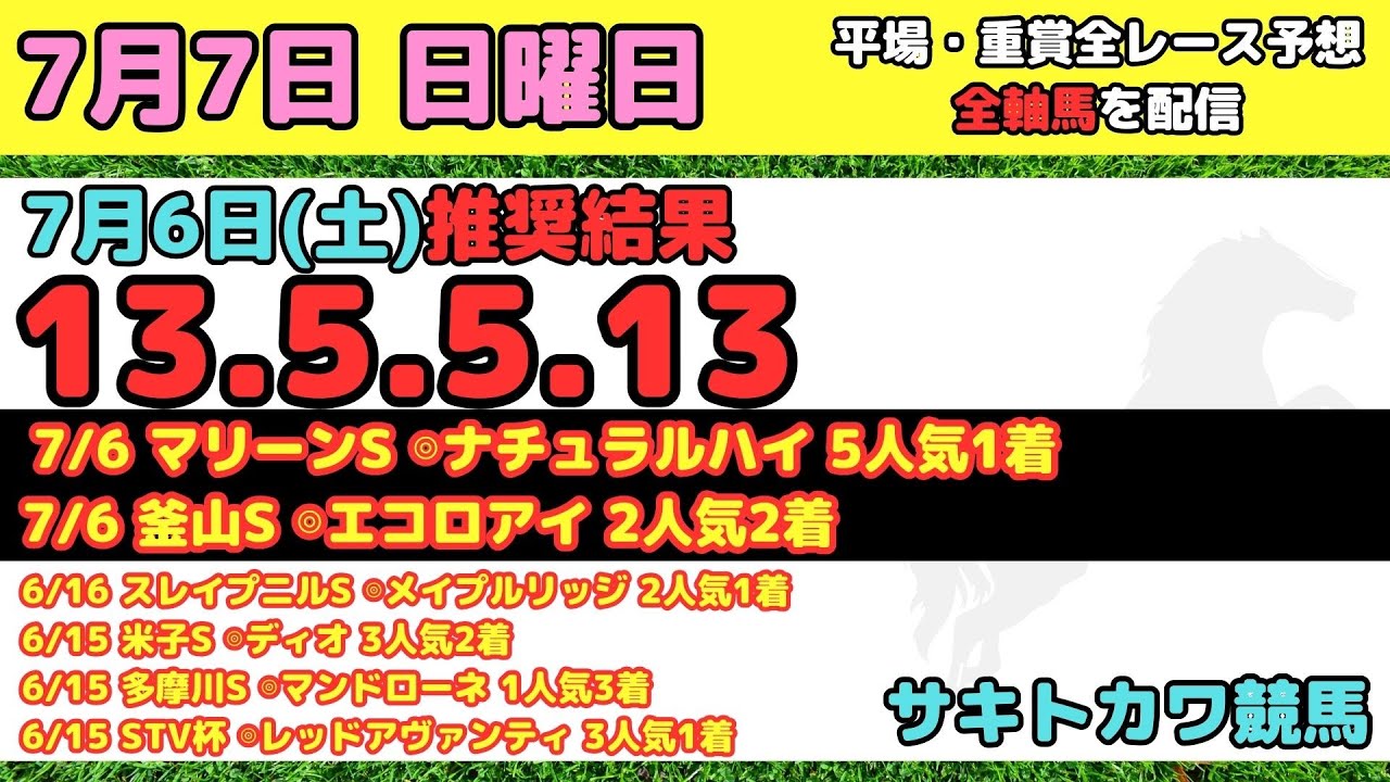 【7月7日(日)】平場 全レース予想 前回推奨結果13-5-5-13 七夕賞 プロキオンS 五稜郭S