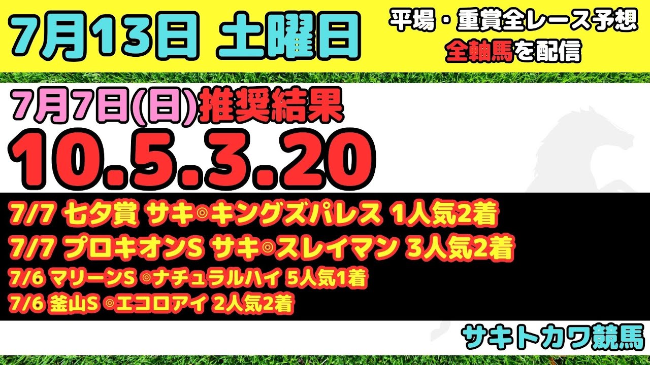 【7月13日(土)】平場 全レース予想 前回推奨結果10-5-3-20 函館2歳ステークス 安達太良ステークス 宮崎ステークス
