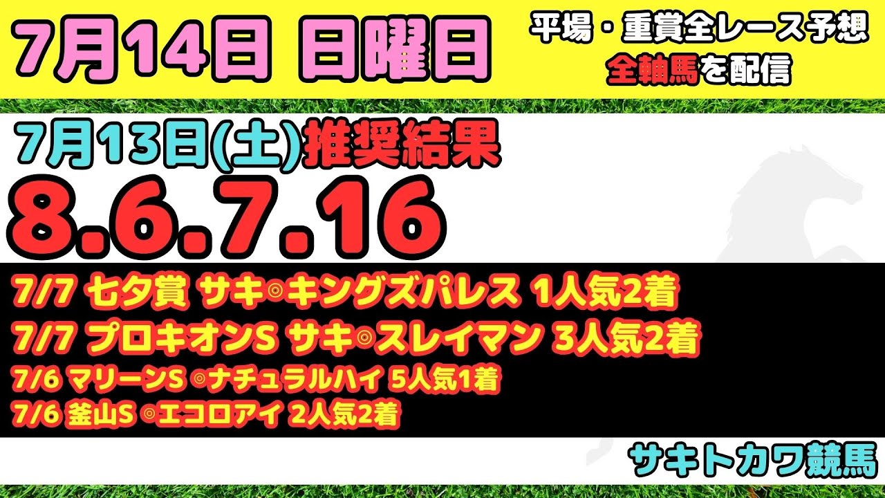 【7月14日(日)】平場 全レース予想 前回推奨結果8-6-7-16 函館記念 福島テレビオープン 佐世保ステークス
