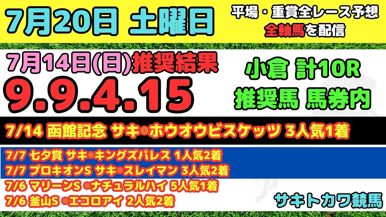 【7月20日(土)】平場 全レース予想 前回推奨結果9-9-4-15 TUF杯 テレQ杯 TVh賞