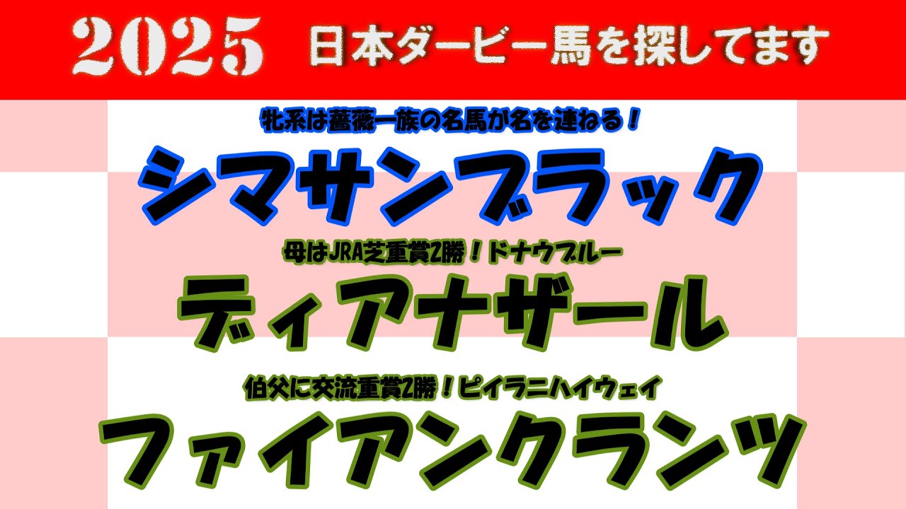 2025年日本ダービー馬を探してます #9　シマサンブラック、ディアナザール、ファイアンクランツを注目馬として取り上げました。