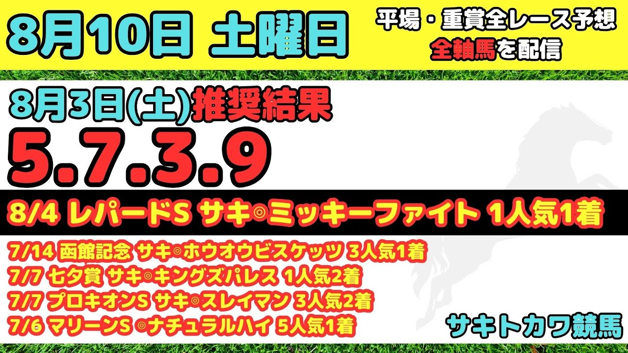 【8月10日(土)】平場 全レース予想 前回推奨結果 5-7-3-9 BSN賞 関ケ原ステークス 報知杯大雪ハンデ