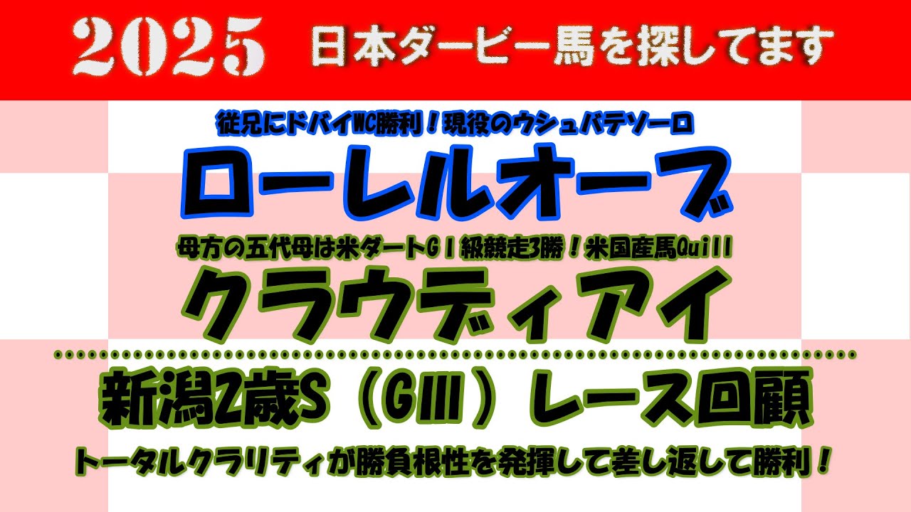 2025年日本ダービー馬を探してます #13　ローレルオーブ、クラウディアイを注目馬として取り上げました。新潟2歳S（GⅢ）レース回顧。トータルクラリティが早め先頭から競り合いを制して勝利。