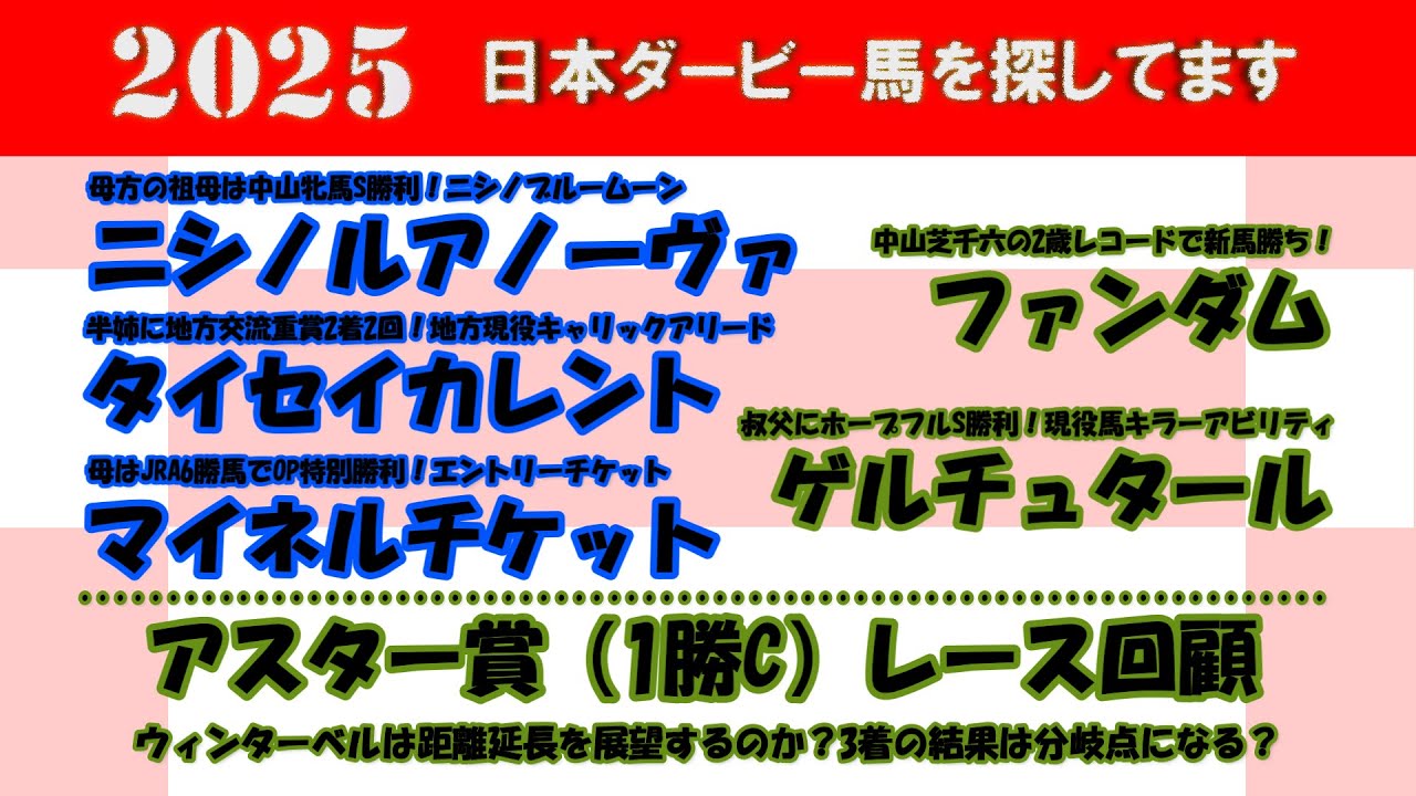 2025年日本ダービー馬を探してます #16　ニシノルアノーヴァ、タイセイカレント、マイネルチケット、ファンダム、ゲルチュタールを注目馬として取り上げました。アスター賞（1勝C）レース回顧。