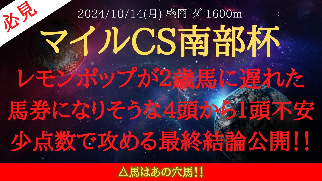 【 最終結論 】マイルCS南部杯 2024 予想 レモンポップが２歳馬に遅れた!?馬券になりそうな４頭から１頭不安！少点数で攻める最終結論公開！！【地方競馬予想】
