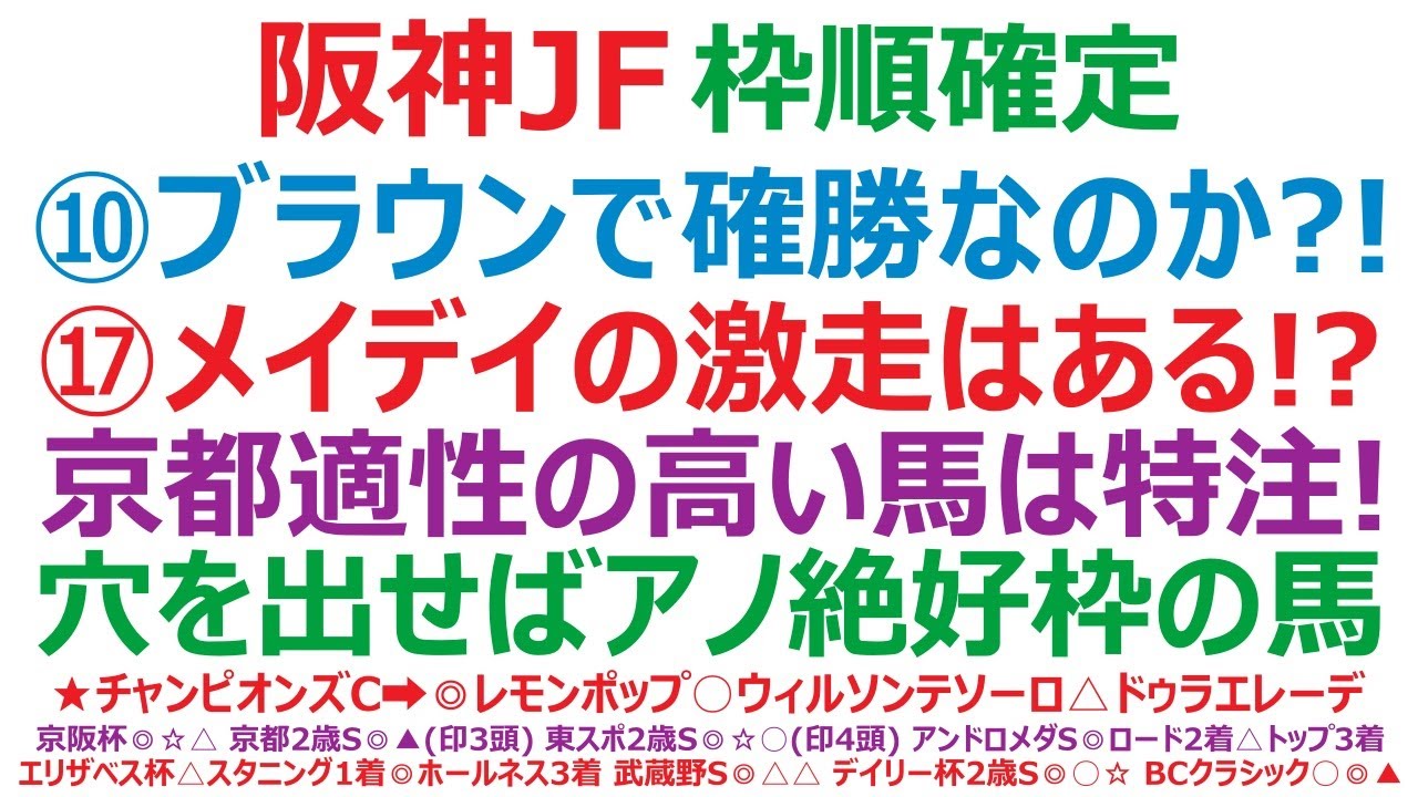 阪神ジュベナイルフィリーズ2024枠順確定　⑩ブラウンラチェットで確勝なのか？！⑰メイデイレディの激走はある！？京都適性の高い馬は特注です。穴を出せばアノ絶好枠の馬！