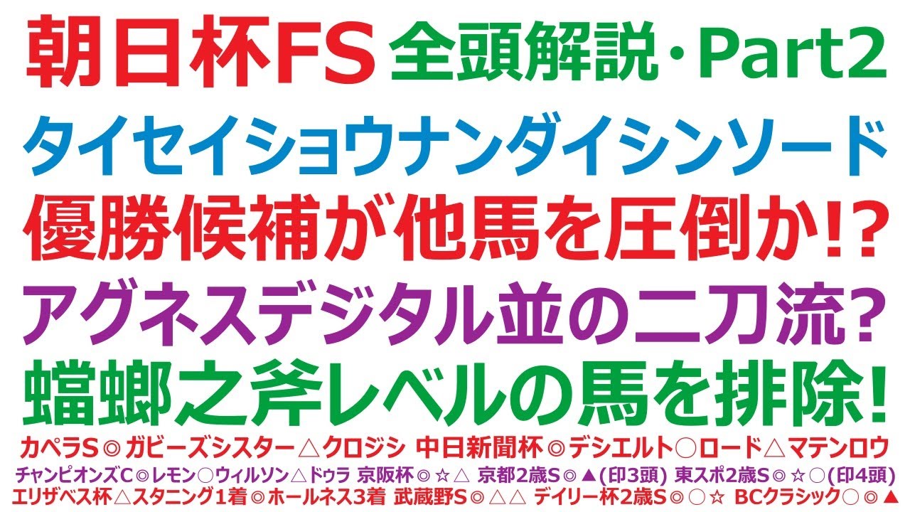 朝日杯フューチュリティステークス2024・全頭解説・Part2　タイセイカレント、ショウナンザナドゥ、ダイシンラー、ソードマスター。優勝候補が他馬を圧倒か！？蟷螂之斧レベルの馬を排除せよ！
