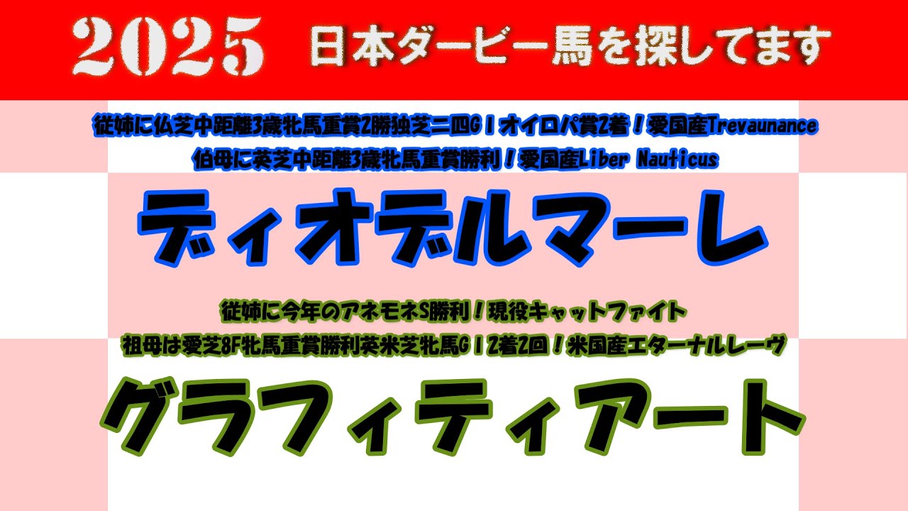 2025年日本ダービー馬を探してます #47　ディオデルマーレ、グラフィティアートを注目馬として取り上げました。