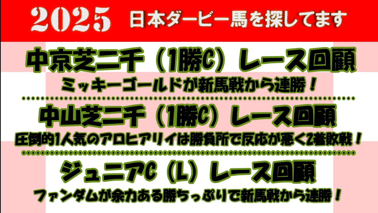 2025年日本ダービー馬を探してます #51　中京芝二千（1勝C）回顧。ミッキーゴールドが連勝！中山芝二千（1勝C）回顧。圧倒的1人気アロヒアリイが2着惜敗！ジュニアC（1勝C）回顧。ファンダムが連勝