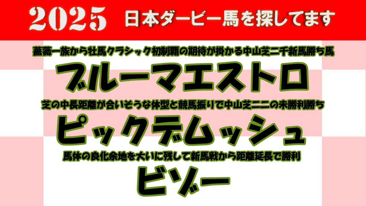 2025年日本ダービー馬を探してます #55　ブルーマエストロ、ピックデムッシュ、ビゾーを注目馬として取り上げました。