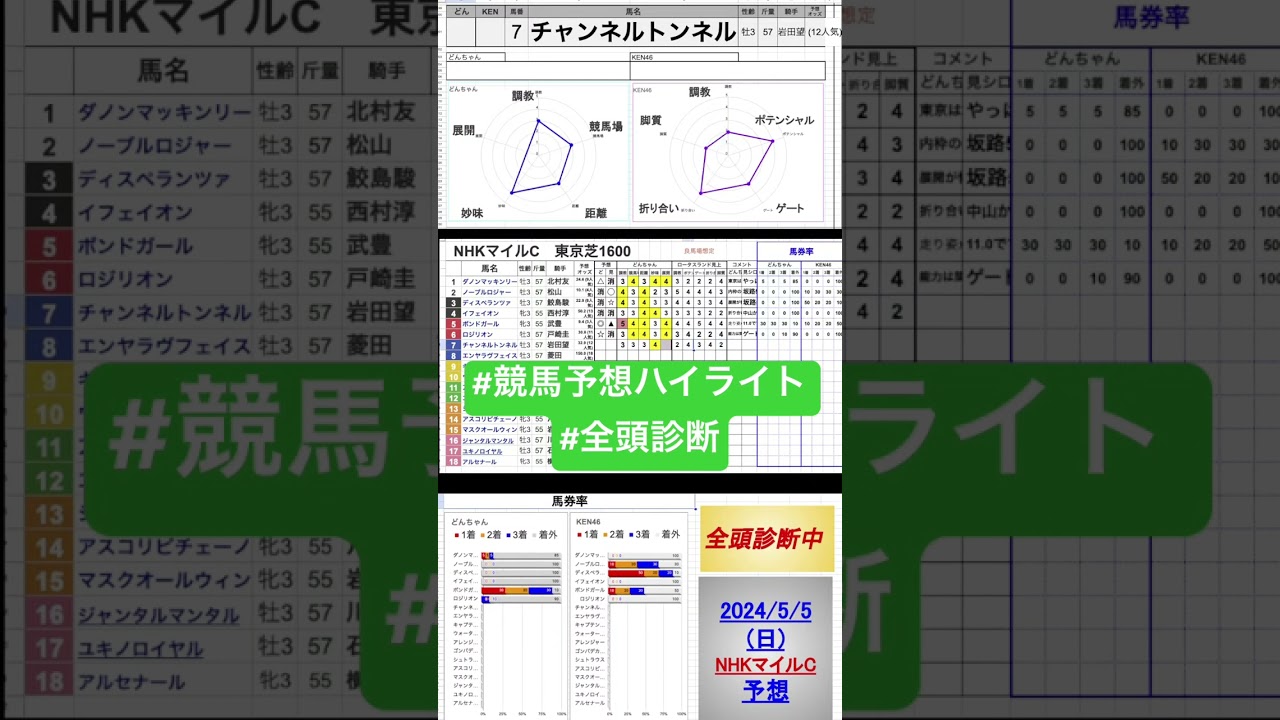 #チャンネルトンネル　#nhkマイルカップ2024 #競馬予想ハイライト #全頭診断