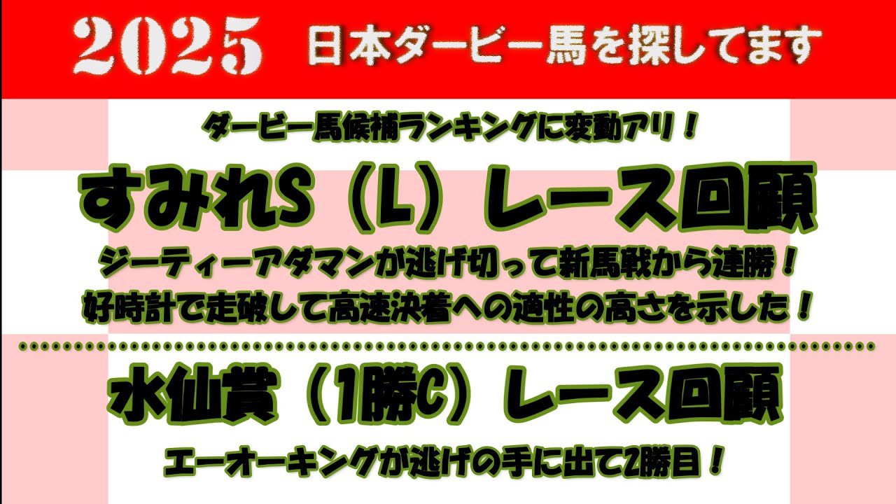 2025年日本ダービー馬を探してます #64　すみれS（L）レース回顧。ジーティーアダマンが逃げ切って好時計で新馬戦から連勝！水仙賞（1勝C）レース回顧。エーオーキングが人気薄で逃げ切り勝ち。