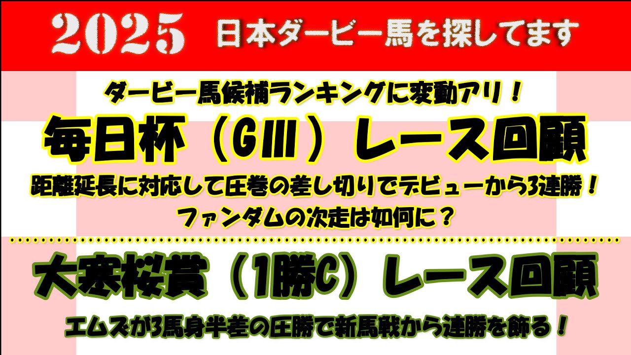 2025年日本ダービー馬を探してます #71　毎日杯（GⅢ）レース回顧。距離延長に対応したファンダムが圧巻の差し切り勝ちでデビューから3連勝！大寒桜賞（1勝C）レース回顧。エムズが新馬戦から連勝！