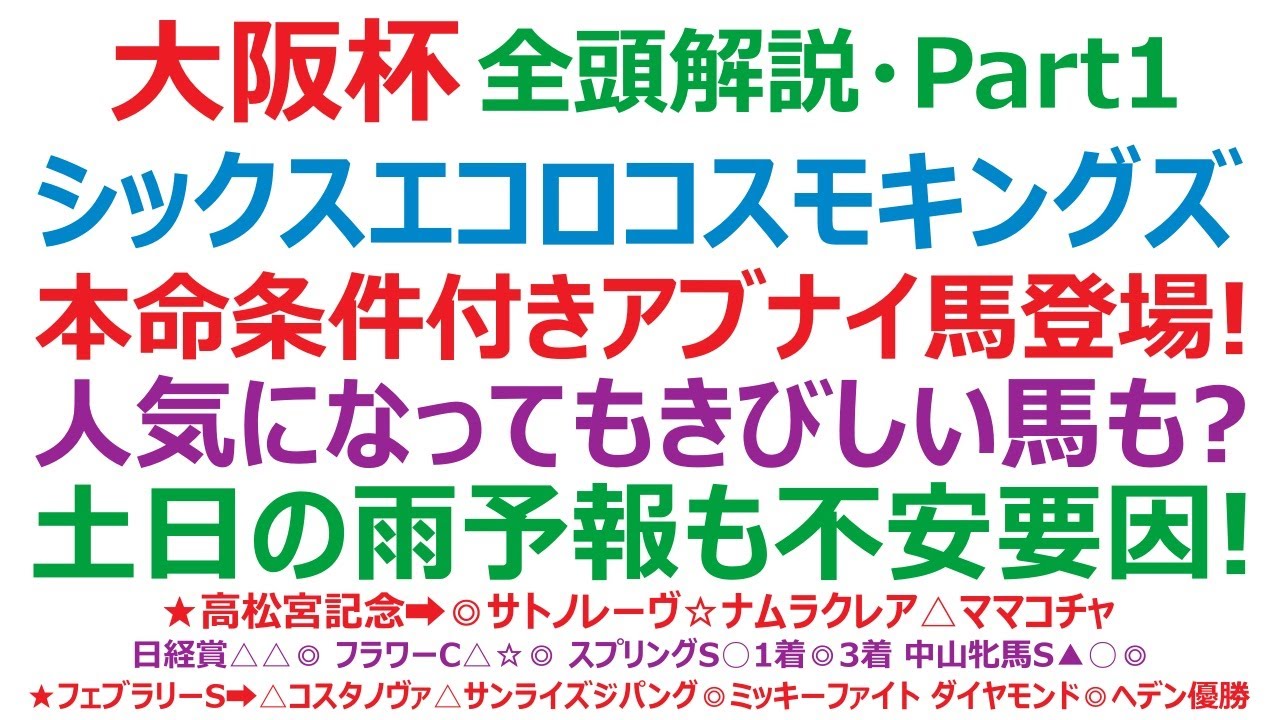 大阪杯2025全頭解説・Part1　シックスペンス、エコロヴァルツ、コスモキュランダ、キングズパレス、アルナシーム、カラテ。本命、条件付き、アブナイ馬登場！人気になってもきびしい馬も？土日の雨予報も？