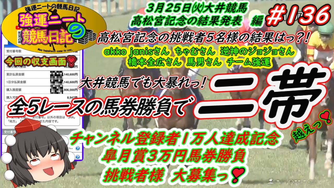 強運ニートの競馬日記＃136　3月25日㈫大井競馬、高松宮記念結果発表 編