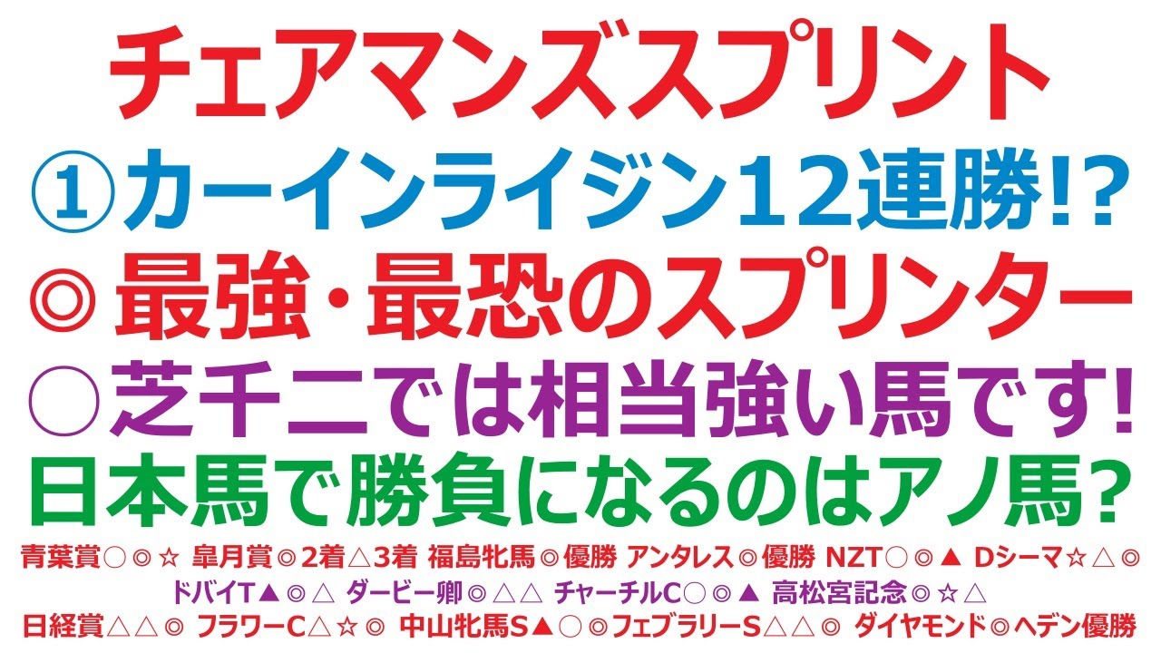 チェアマンズスプリントプライズ2025予想　①カーインライジングの12連勝か！？◎最強・最恐のスプリンター見参！○芝1200mでは相当強い馬です。日本馬で勝負になるのはやはりアノ馬？