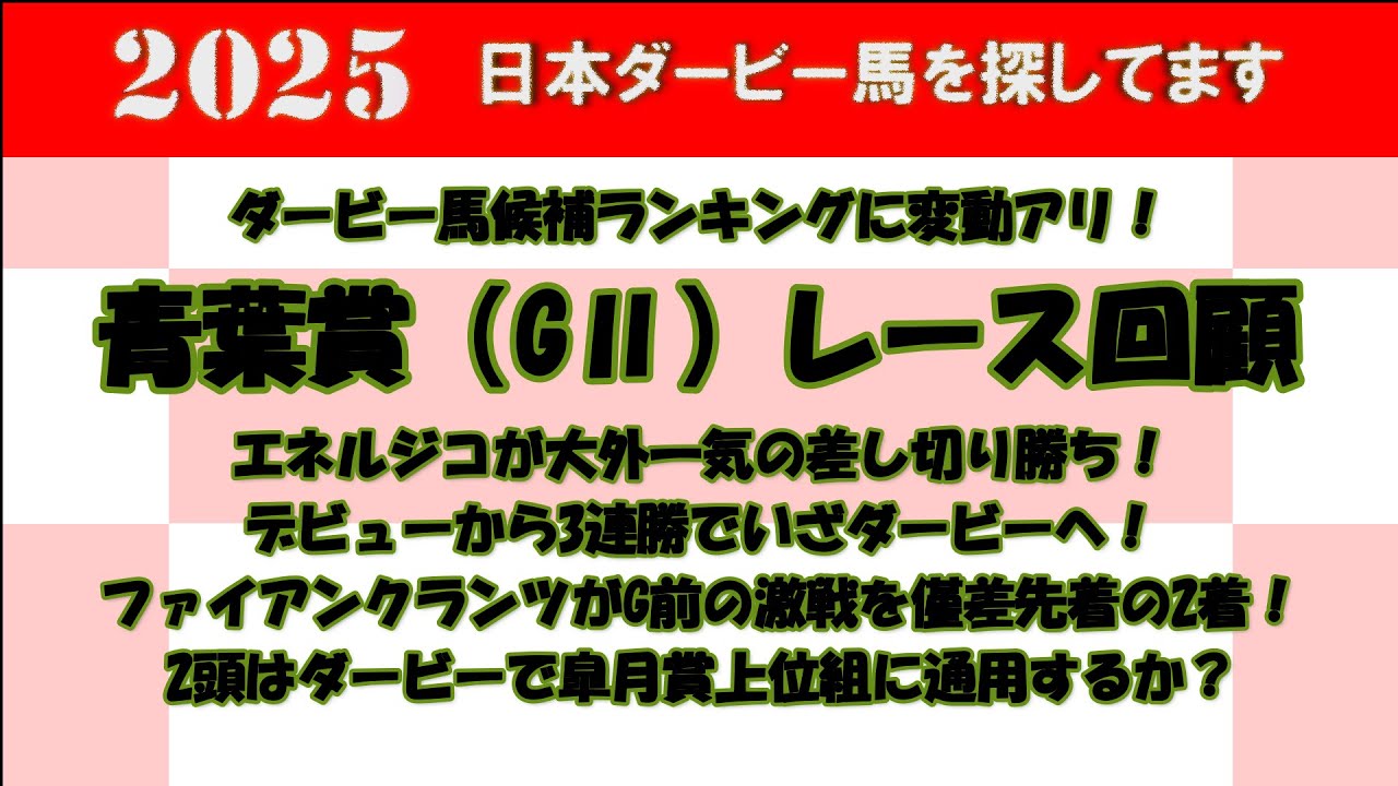 2025年日本ダービー馬を探してます #75　青葉賞（GⅡ）レース回顧。エネルジコが大外一気の差し切りでデビューから無傷の3連勝！無敗でいざダービーへ。ファイアンクランツが接戦の2着争いを制す。