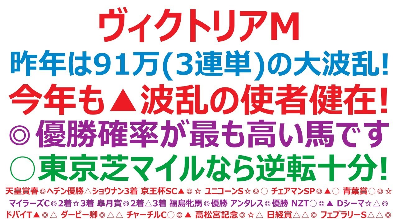 ヴィクトリアマイル2025予想　昨年は、91万馬券(3連単)の大波乱！今年も▲波乱の使者は健在！◎優勝確率が最も高い馬です。○東京芝マイルなら逆転十分！