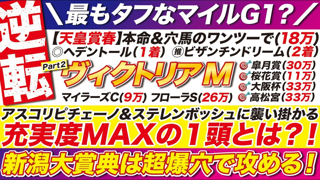 単勝でも勝負？！→【ヴィクトリアマイル2025予想】アスコリピチェーノに襲い掛かる「絶対に買う１頭」とは？！新潟大賞典は「２桁人気」の爆穴から攻める！