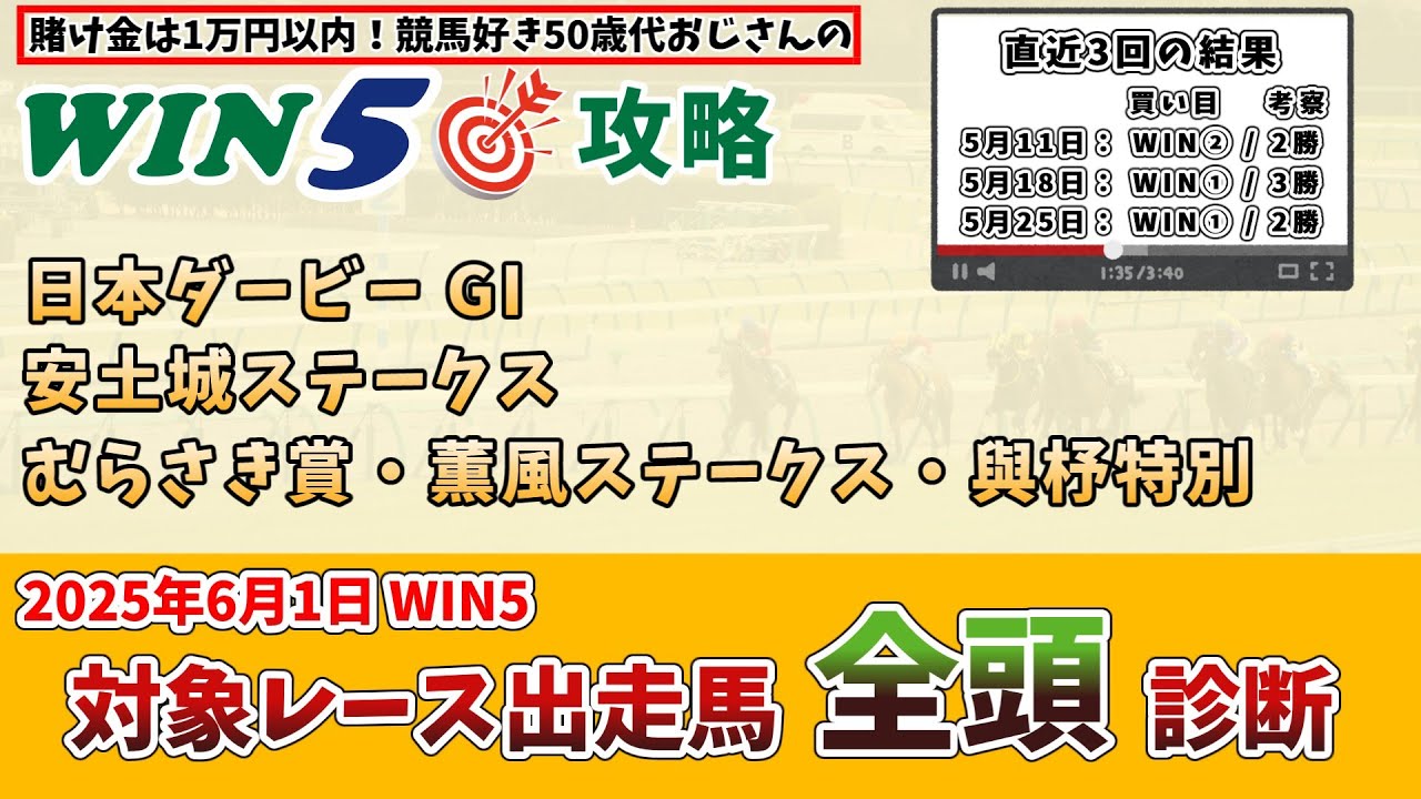 【WIN5対象全レース 全頭考察】今週はダービー！2025年6月1日(日) WIN5対象レースの出走馬を全頭考察【WIN5おじさんの競馬予想】