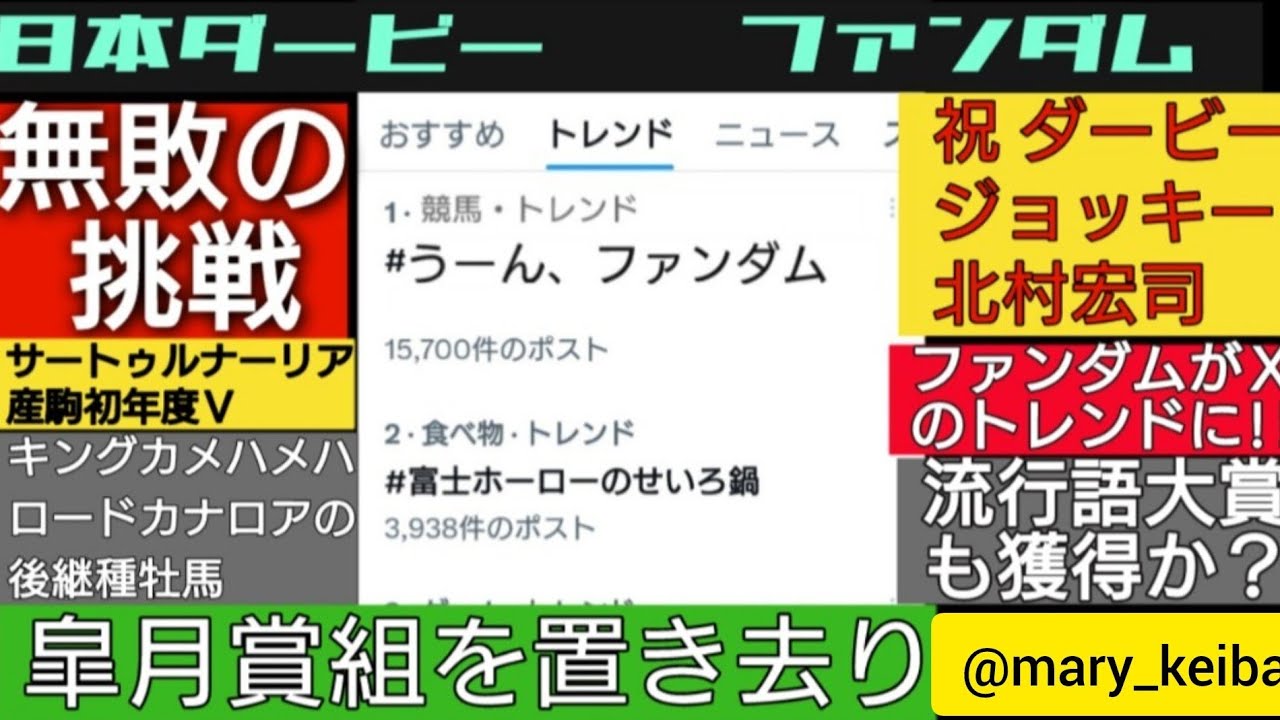 ファンダムが差し切る!!皐月賞組もお手上げ、ダービー終了後は、【う〜ん、ファンダム】がXのトレンド入りに!?