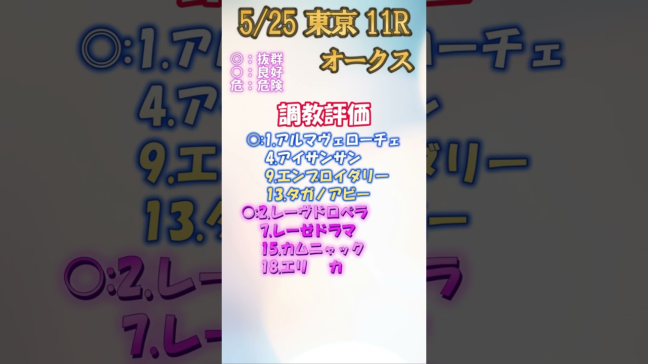 優駿牝馬(オークス)の最終追切評価　人気馬必買！？