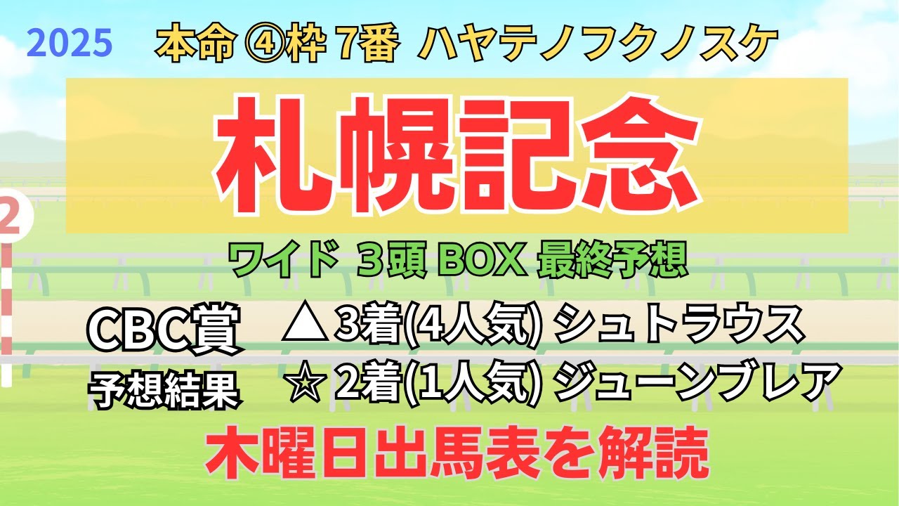 ☆ トップナイフ 1着、▲ ココナッツブラウン 2着 「札幌記念 2025 ワイド3頭BOX3点 予想」 #札幌記念