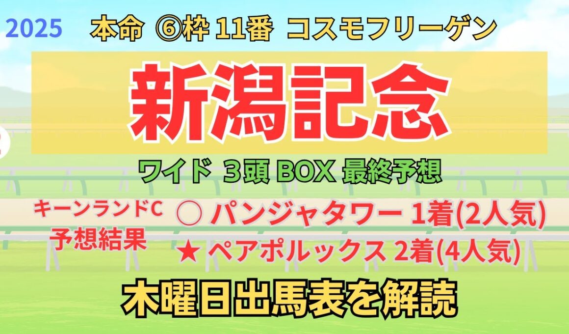 ◎ コスモフリーゲン 「新潟記念 2025 ワイド3頭BOX3点 予想」 #新潟記念