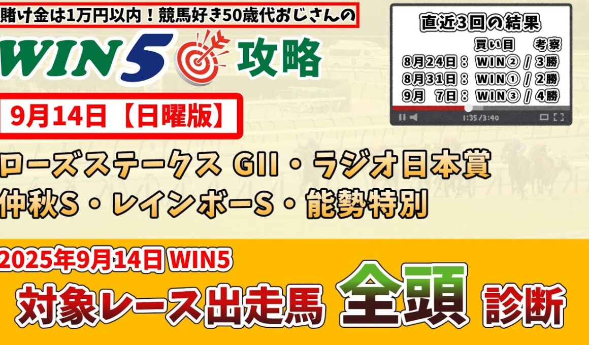 【2025年9月14日(日) WIN5対象全レース 全頭考察】【日曜版】2025年9月14日(日) WIN5対象レースの出走馬を全頭考察【WIN5おじさんの競馬予想】