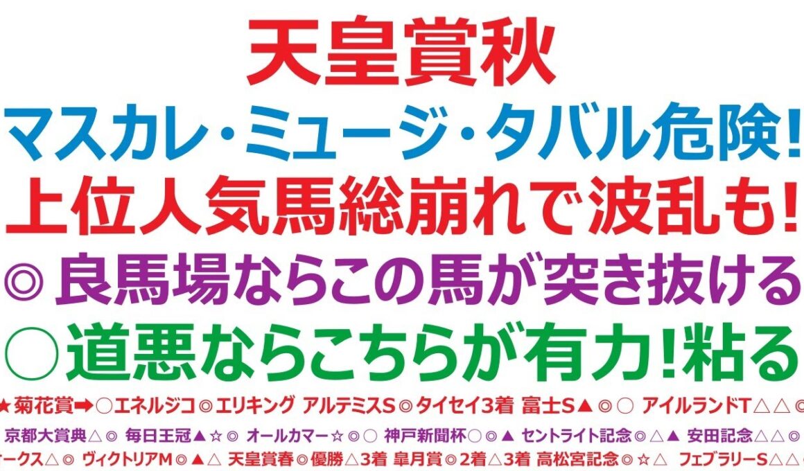 天皇賞秋2025予想　マスカレードボール、ミュージアムマイル、メイショウタバル。この3頭は危険！上位人気馬総崩れで波乱もある！◎良馬場ならこの馬が突き抜ける！○道悪になった場合は、この馬本命も。