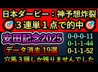 安田記念2025 【消去データ19選】 日本ダービー3連単1点で的中　穴馬3頭しか残りませんでした