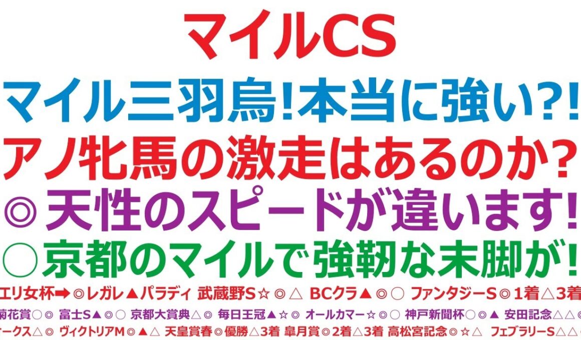 マイルチャンピオンシップ2025予想　マイルの三羽烏は本当に強いのか？！アノ牝馬の激走はあるのか？◎天性のスピードが違います！○京都のマイルは自分の庭。強靭な末脚が炸裂！