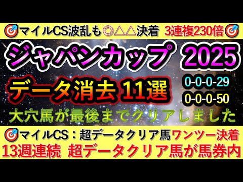 🎯マイルCS波乱も◎△△決着　【ジャパンカップ2025】 消去データ11選　大穴馬が最後までクリア　🎯12週連続超データクリア馬が馬券内