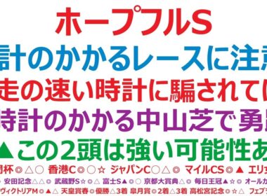 ホープフルステークス2025予想　冬の中山芝は時計がかかることに注意！前走の速い勝ちタイムに騙されてはいけません。◎時計のかかる中山芝2000mで本領発揮。○▲この2頭は強い可能性があります。