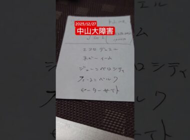 2025年%12/27中山大障害・事前予想。2025年最終週なのでこの数年こだわってハズしてきた一軸五頭流し三連複のラスト週として、いきたいと思います。お年玉かクリスマスプレゼントを。これはBOXで。