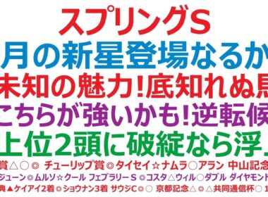 スプリングステークス2026予想　皐月賞の新星登場なるか？！◎未知の魅力あり！底知れぬ能力の馬！？○この馬の方が強いかも？逆転候補筆頭。▲上位2頭に破綻があれば、一気に浮上！
