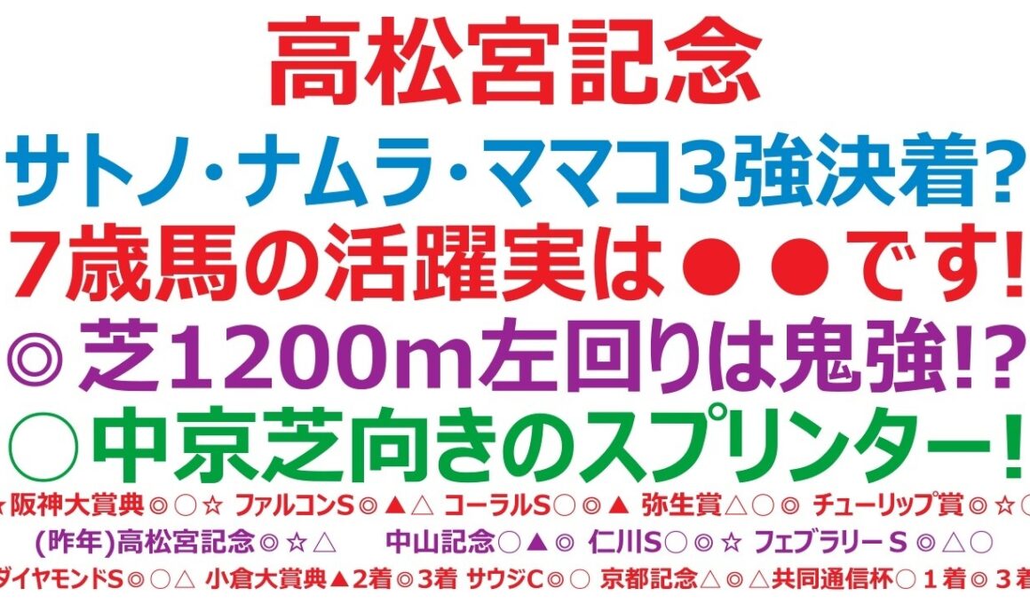 高松宮記念2026予想　今年も波乱の覚悟が必須？7歳最強トリオで盤石なのか？！◎芝1200ｍで戴冠必至！左回り芝は鬼？○時計のかかる芝1200mは強いぞ！