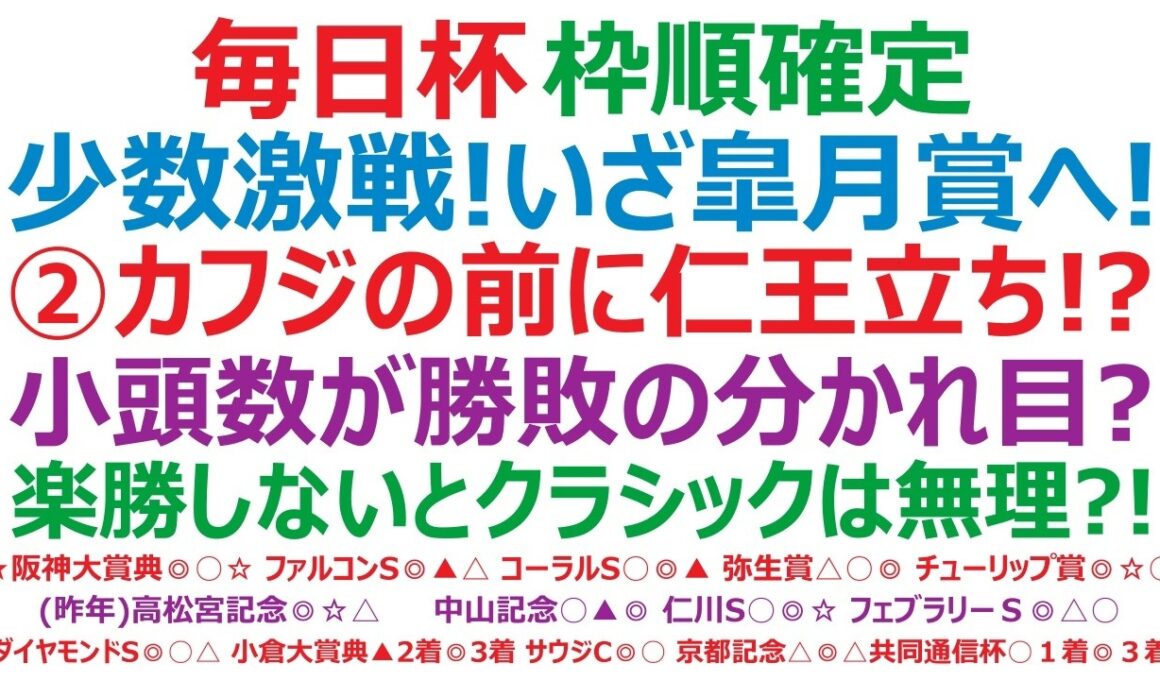 毎日杯2026枠順確定　少数激戦！いざ皐月賞へ！②カフジエメンタールの前に仁王立ちするのは！？小頭数が勝敗の分かれ目に？楽勝しないと、春のクラシックでは望み薄！？