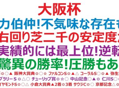 大阪杯2026予想　実力伯仲！不気味な存在も？◎右回り芝2000mの安定度が抜群！○実績的には最上位！逆転もある。▲驚異の勝率！圧勝もある！