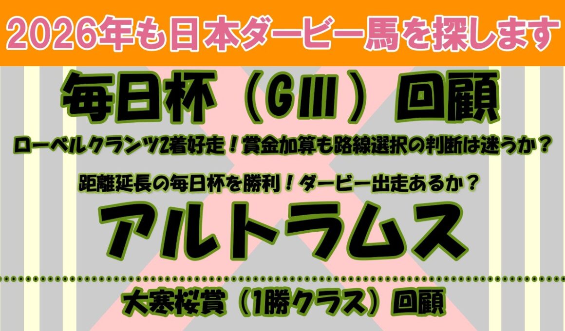 2026年も日本ダービー馬を探します #56　毎日杯（GⅢ）回顧。距離延長で勝利したアルトラムスを新たに注目馬として取り上げました。ダービー出走はあるのか？大寒桜賞（1勝C）回顧。