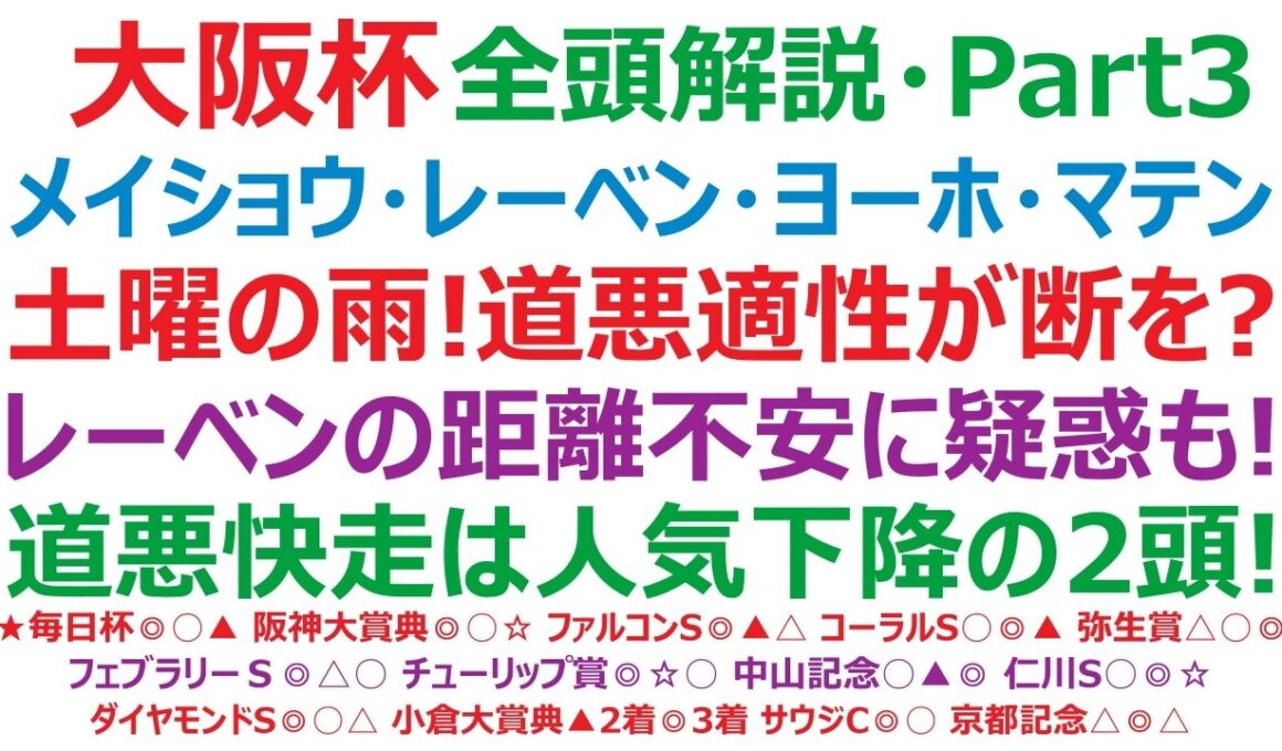 大阪杯2026・全頭解説・Part3　メイショウタバル、レーベンスティール、ヨーホーレイク、マテンロウレオ、ファウストラーゼン。道悪馬場の適性が勝敗を決しそうです。レーベンの距離不安説には疑惑の目も？