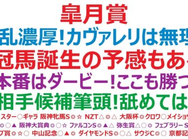 皐月賞2026予想　波乱濃厚！カヴァレリッツォは無理？3冠馬誕生の予感もある！◎本番は日本ダービー！ここも勝つ！？○相手候補筆頭！この馬を舐めてはいけない。▲底知れぬ能力を感じさせる馬！