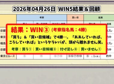 【日曜日WIN5結果＆マイラーズC・フローラS 馬券結果】2026年4月26日(日)のWIN5結果は！？【WIN5おじさんの競馬予想】