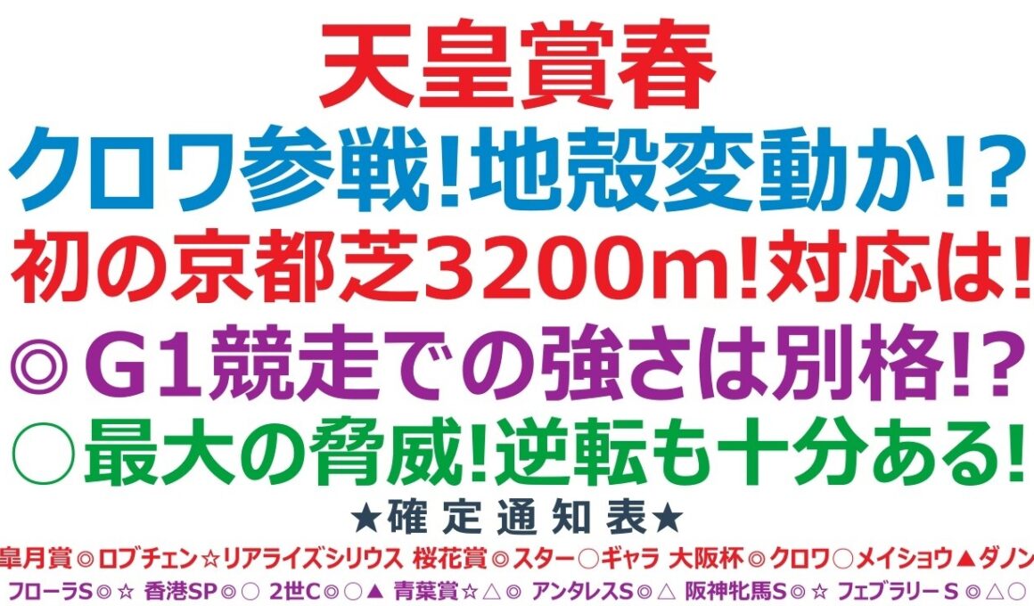 天皇賞春2026予想　群雄割拠で激戦！波乱はある！？このレースの特徴理解が必須！◎G1競走での強さは別格の馬！？○最大の脅威！逆転優勝も十分！