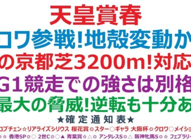 天皇賞春2026予想　群雄割拠で激戦！波乱はある！？このレースの特徴理解が必須！◎G1競走での強さは別格の馬！？○最大の脅威！逆転優勝も十分！