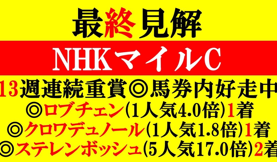 【NHKマイルC 最終見解 2026】エプソムC◎ステレンボッシュ(5人気17.0倍)2着！13週連続重賞◎馬券内！本命は最も軸向きのアノ馬だ！！