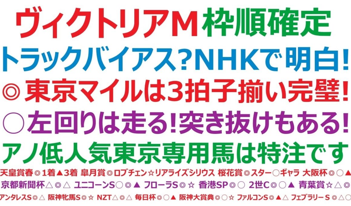 ヴィクトリアマイル2026枠順確定　トラックバイアス？NHKマイルカップで明らか！◎東京マイルは3拍子揃い完璧！○左回りは走る！突き抜けもある！アノ低人気東京専用馬は特注です！